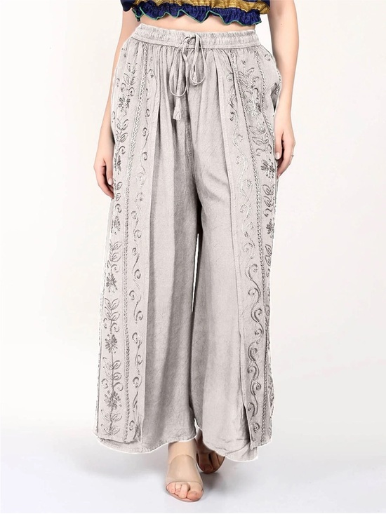 Wevez Pants - 00014. Embroidered Wide-Leg Pants in Light Gray NEW